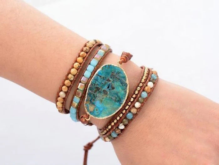 Natural Ocean Stone Leather Multi-layer Bracelet Simple - Black & Elva