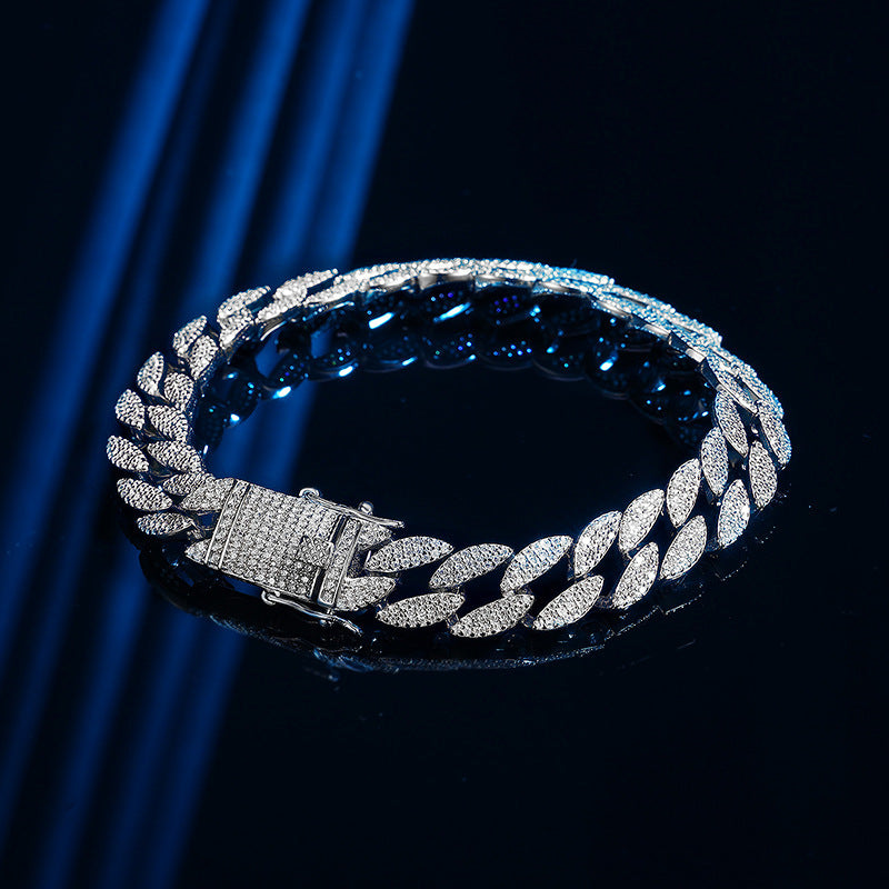 Cuban Bracelet Men's Sterling Silver With Diamonds - Black & Elva