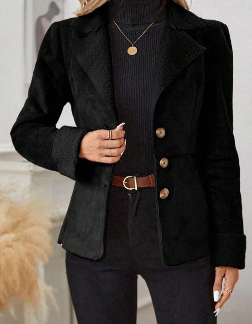Casual Fashion Cold-proof Warm Fur Integrated Lapel Pocket Jacket - Black & Elva