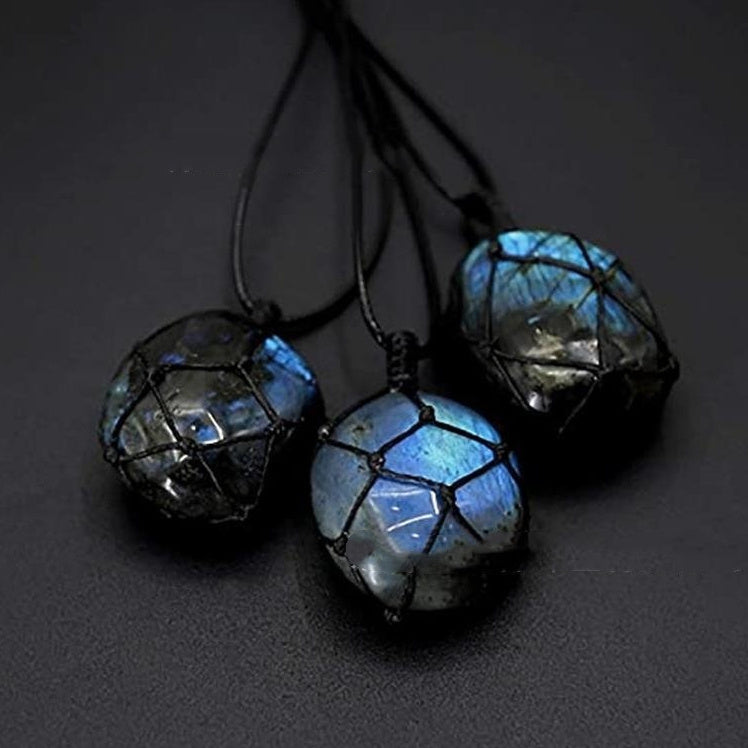 Natural Labradorite Pendant Moonstone Hand-woven Mesh Bag Necklace - Black & Elva