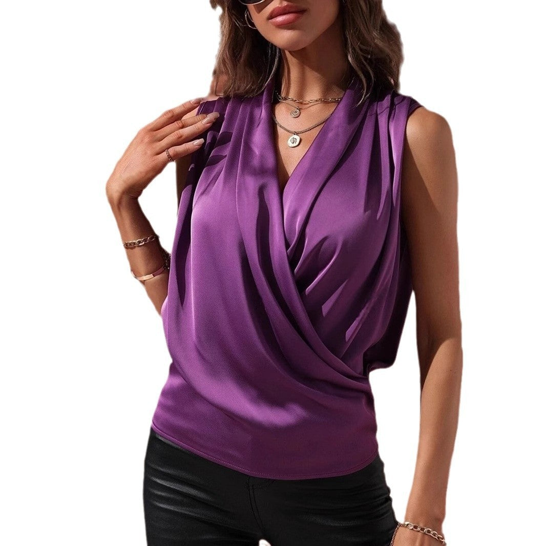Women's Spring And Summer Sleeveless Satin Pleated Vest New Shirt - Black & Elva