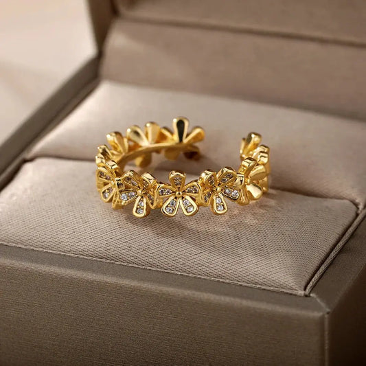 Flower Adjustable Ring – Zircon Steel Jewelry - Black & Elva