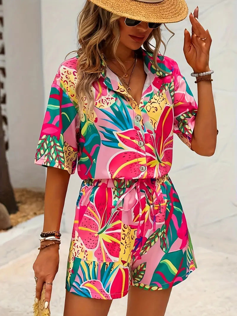 Hawaiian Style Short Sleeve Shirt Shorts Suit - Black & Elva