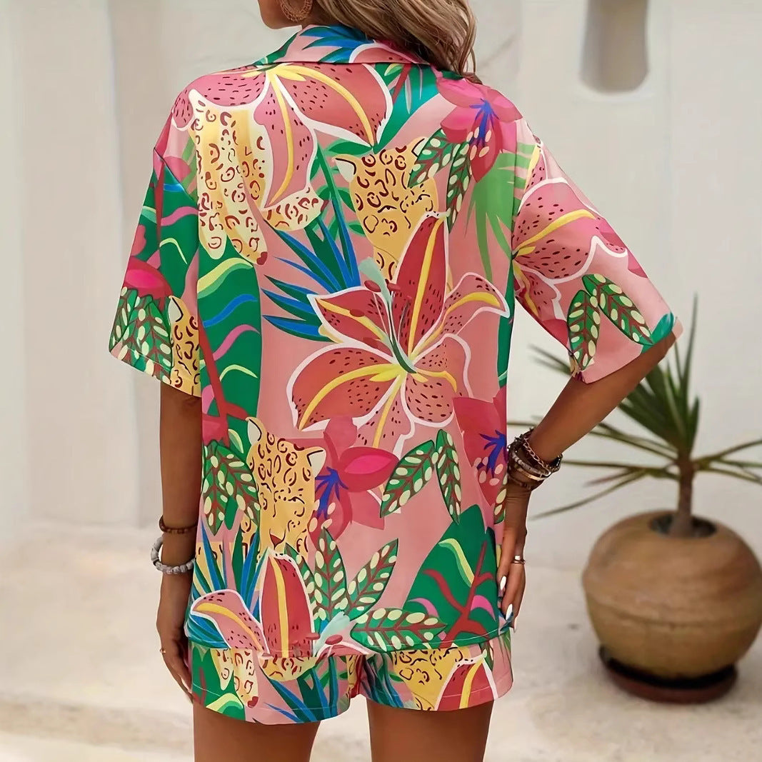 Hawaiian Style Short Sleeve Shirt Shorts Suit - Black & Elva