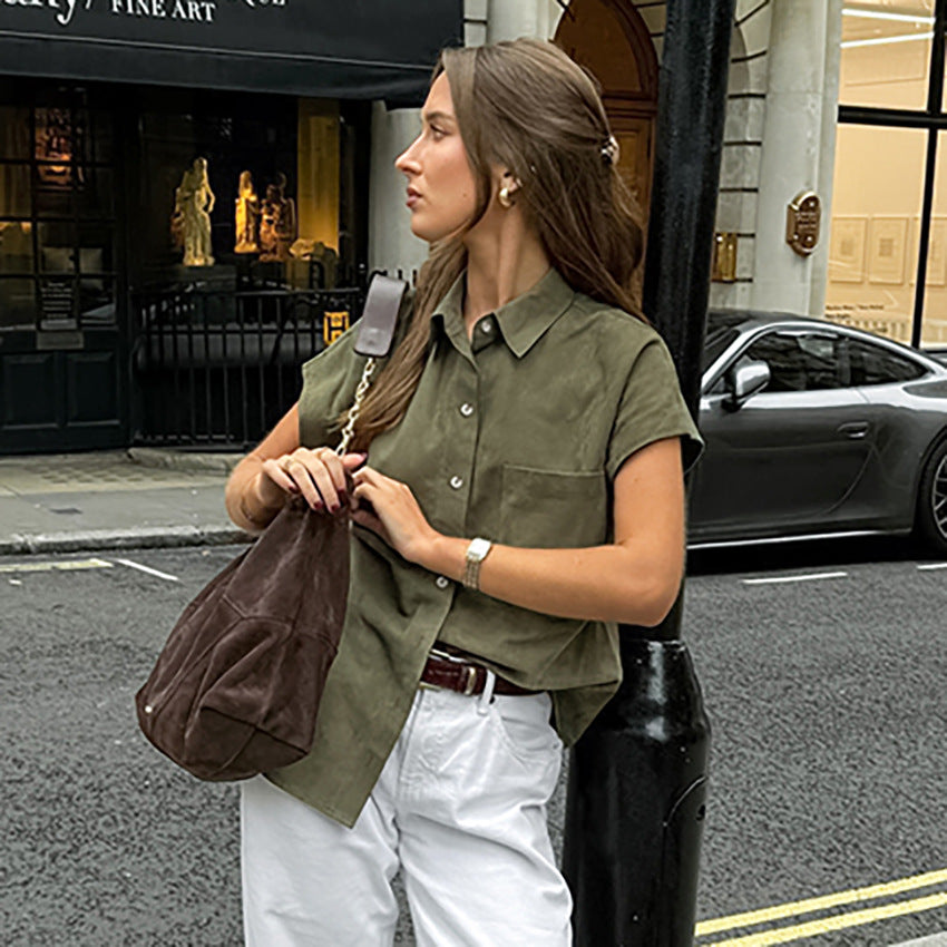 European And American Retro Green Lazy Women's Fashion Shirt - Black & Elva