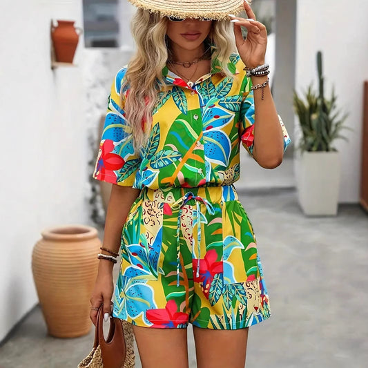 Hawaiian Style Short Sleeve Shirt Shorts Suit - Black & Elva