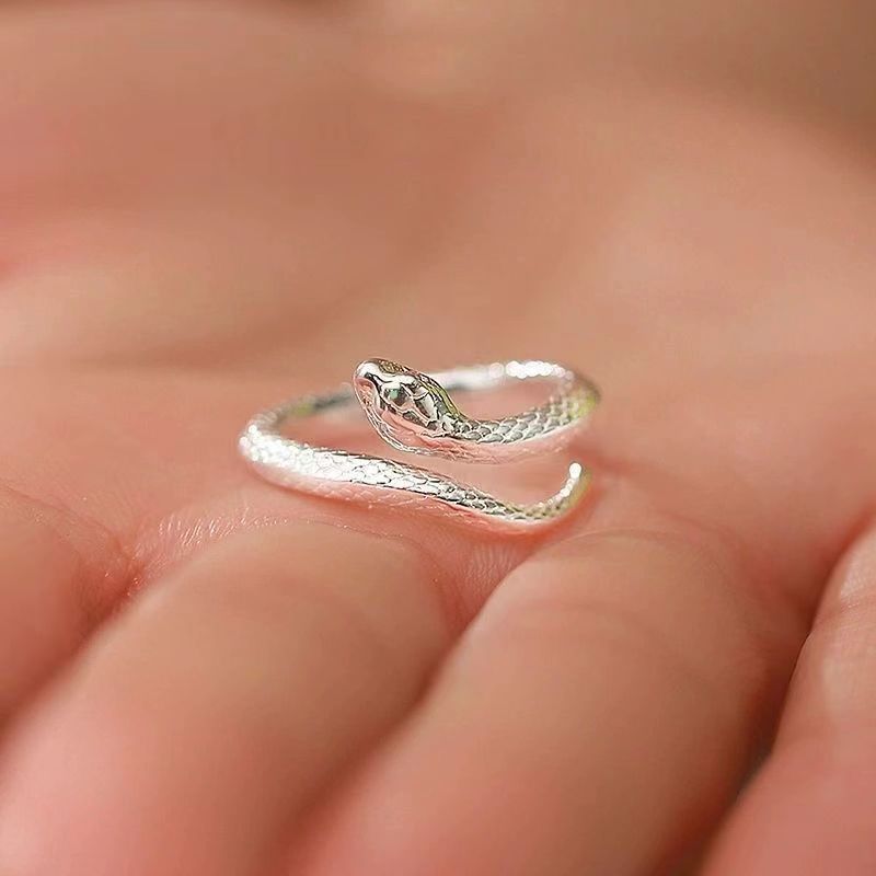 S999 Silver Snake Ring Female Opening Adjustable Versatile Personality - Black & Elva