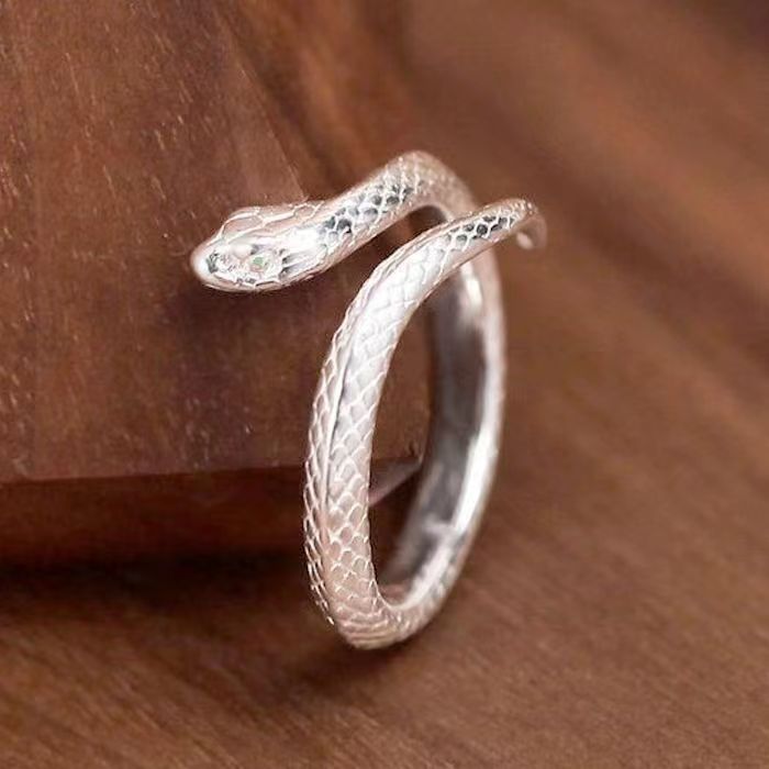 S999 Silver Snake Ring Female Opening Adjustable Versatile Personality - Black & Elva