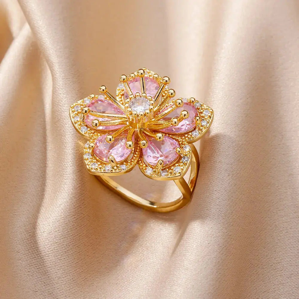 Elegant Gold Flower Ring with Green Zircon - Black & Elva