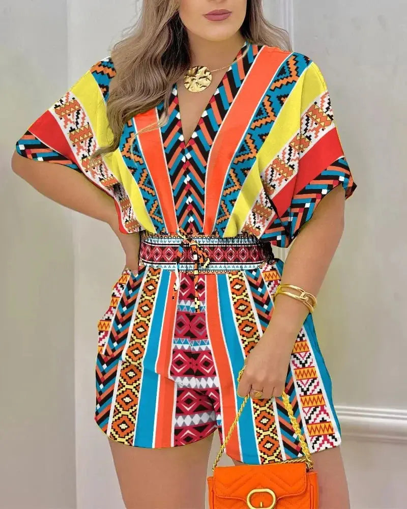Casual V-Neck Printed Jumpsuit for Wome - Black & Elva