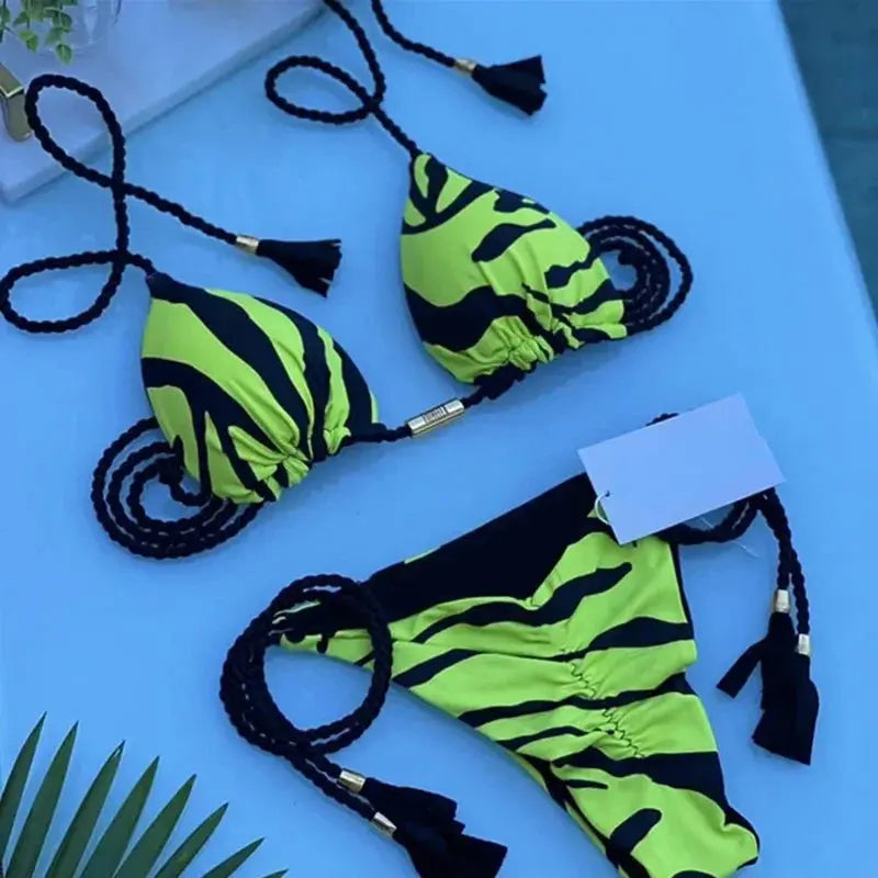 Triangle Thong Bikini Set - Black & Elva