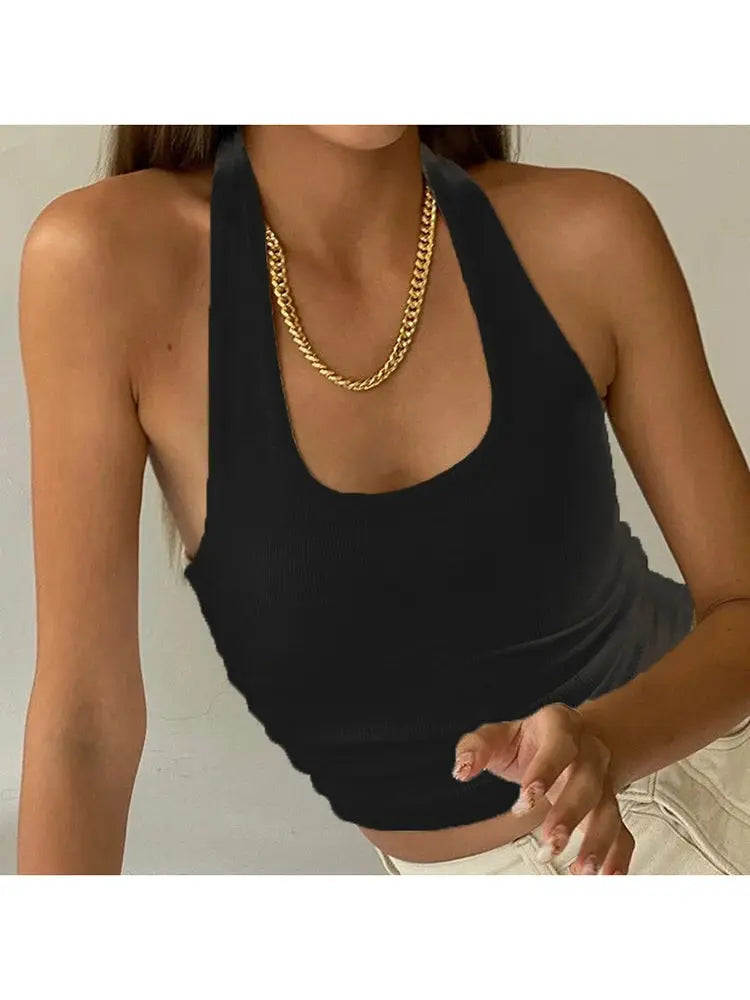 White Ribbed Halter Top - Black & Elva