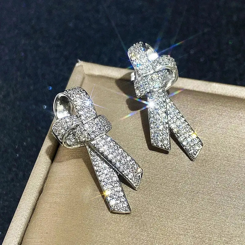 Bow Crystal Stud Earrings - Black & Elva