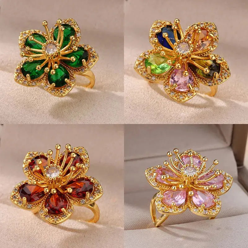 Elegant Gold Flower Ring with Green Zircon - Black & Elva