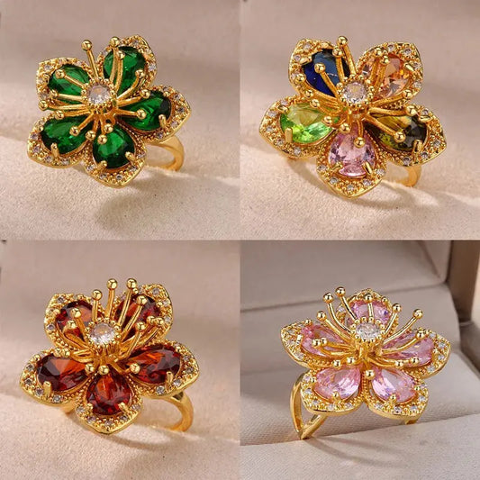 Elegant Gold Flower Ring with Green Zircon - Black & Elva