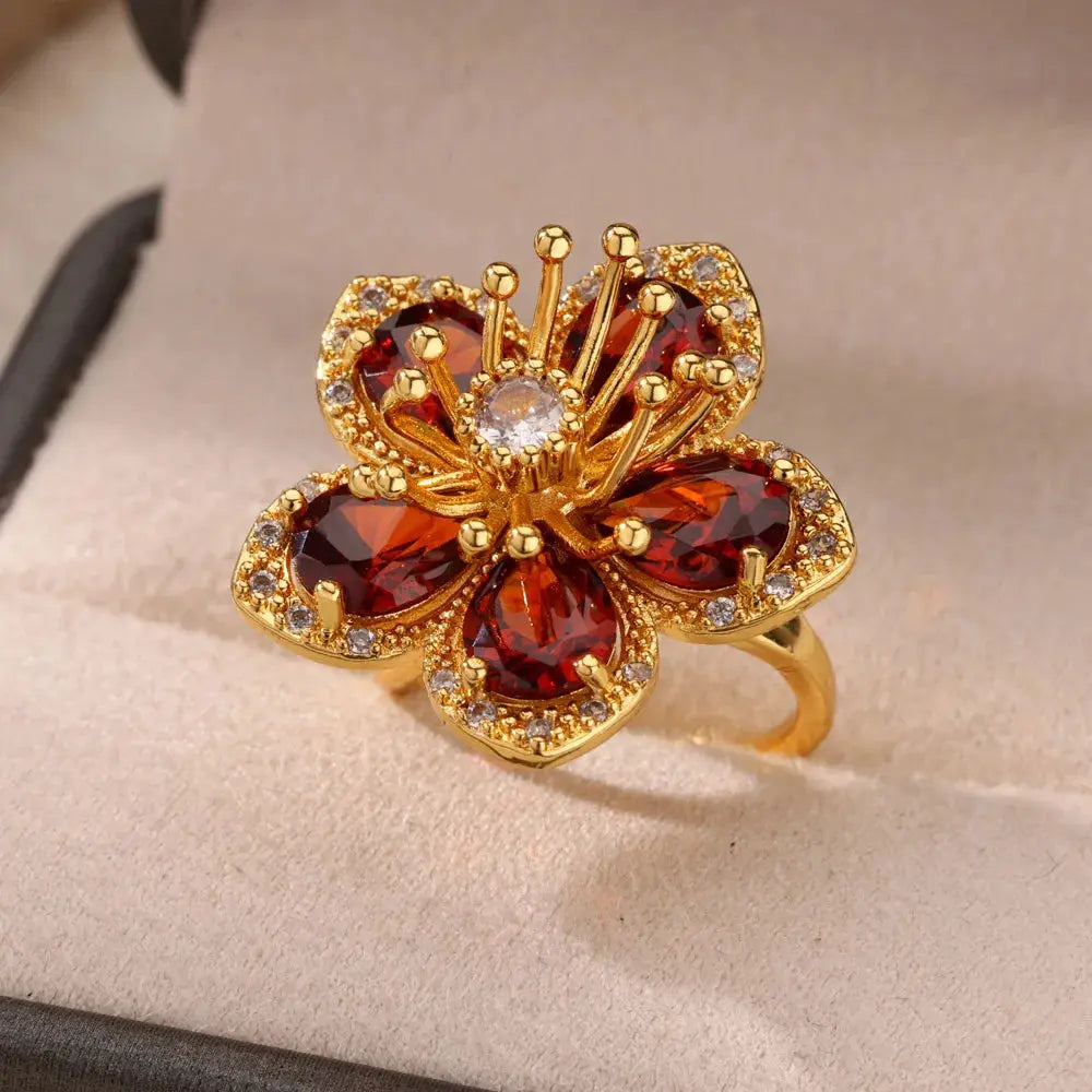 Elegant Gold Flower Ring with Green Zircon - Black & Elva