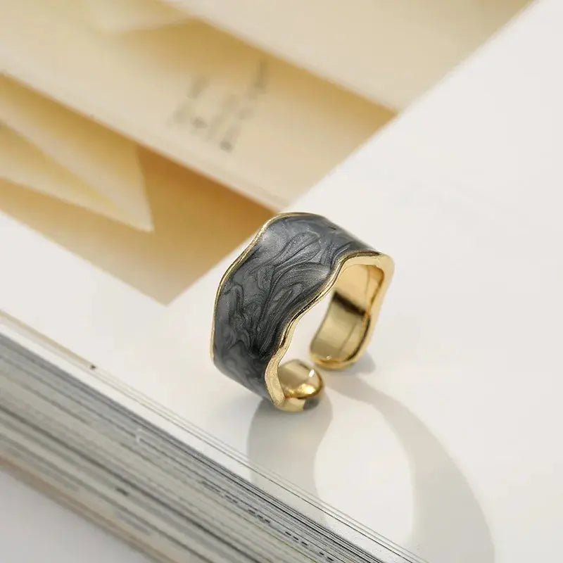 Gold Adjustable Enamel Ring - Black & Elva