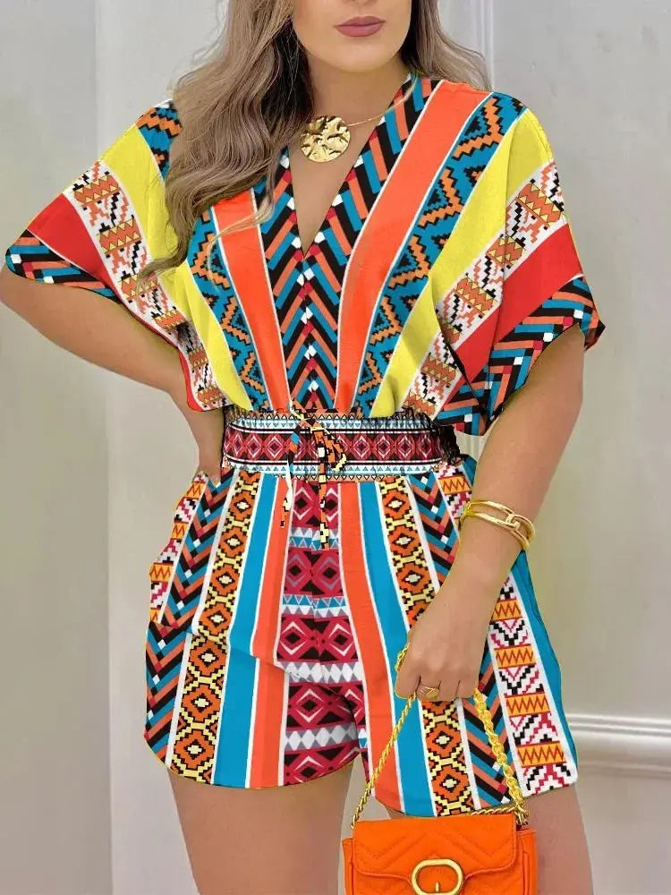 Casual V-Neck Printed Jumpsuit for Wome - Black & Elva