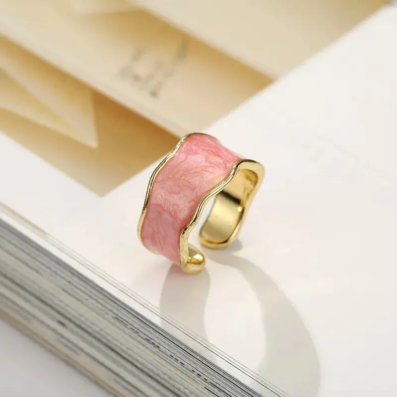 Gold Adjustable Enamel Ring - Black & Elva