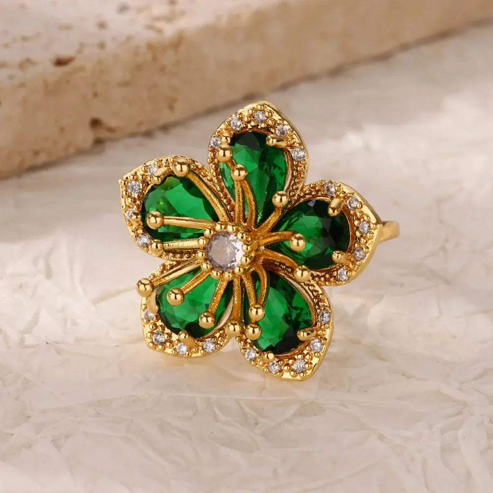 Elegant Gold Flower Ring with Green Zircon - Black & Elva