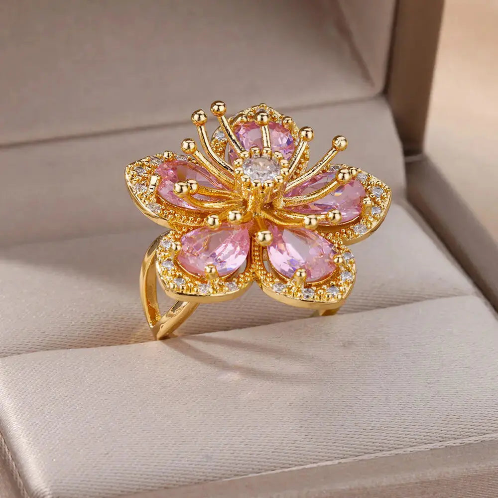 Elegant Gold Flower Ring with Green Zircon - Black & Elva