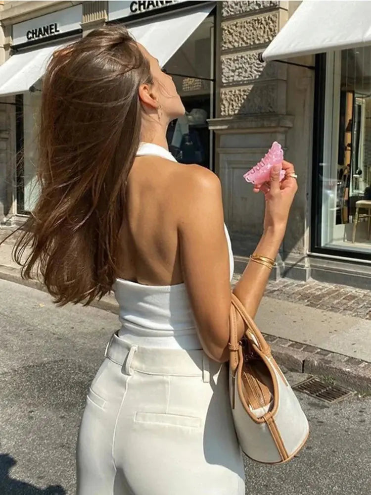 White Ribbed Halter Top - Black & Elva
