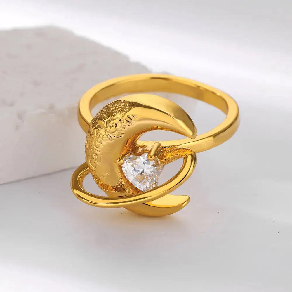 Elegant Gold Moon Ring with Zircon - Black & Elva