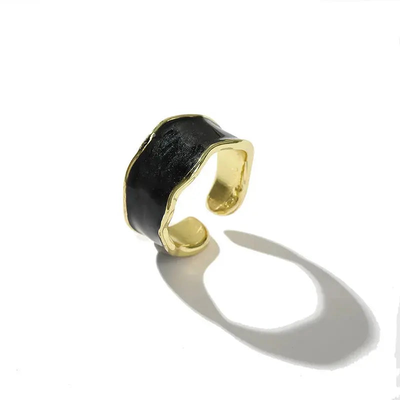 Gold Adjustable Enamel Ring - Black & Elva