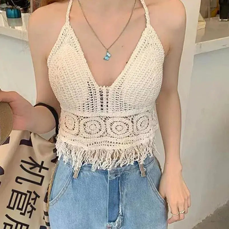 Boho Tassel Crochet Top - Black & Elva