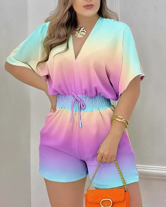 Casual V-Neck Printed Jumpsuit for Wome - Black & Elva