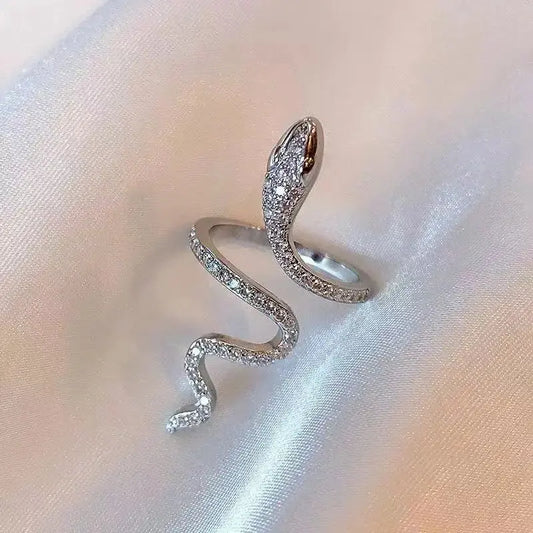Retro Serpentine Rhinestone Open Ring - Black & Elva