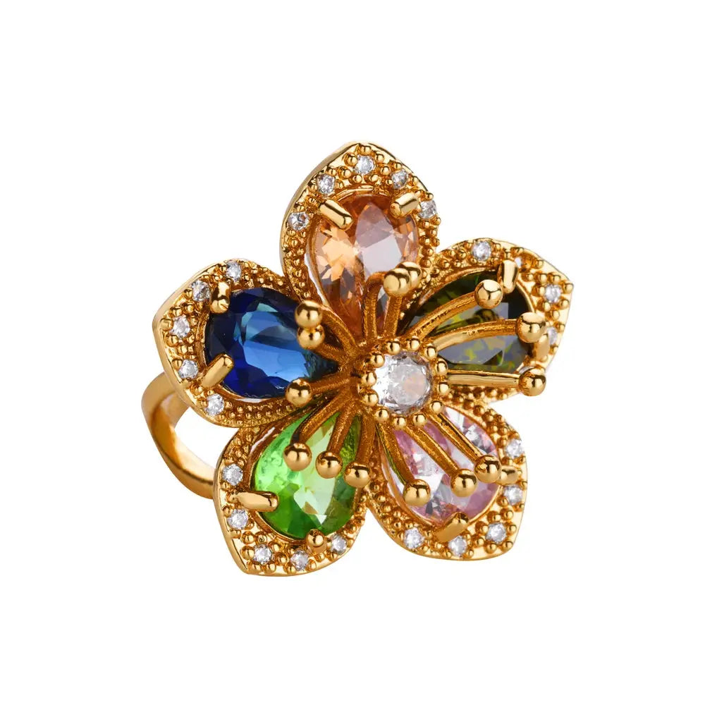 Elegant Gold Flower Ring with Green Zircon - Black & Elva