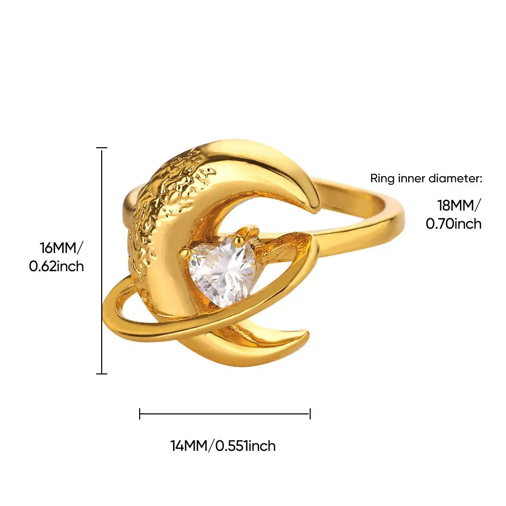 Elegant Gold Moon Ring with Zircon - Black & Elva
