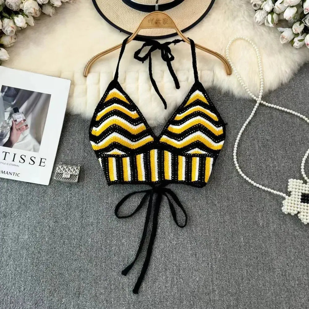 Boho Crochet Halter Top - Black & Elva