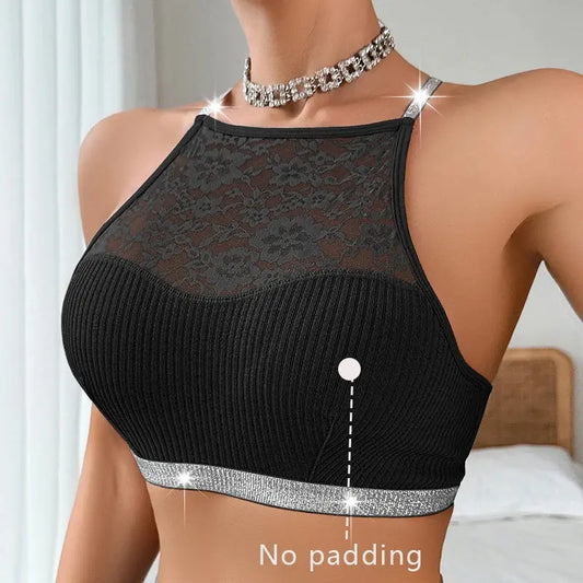 Lace Ribbed Backless Bra - Black & Elva
