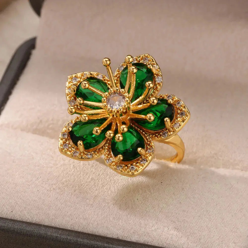 Elegant Gold Flower Ring with Green Zircon - Black & Elva