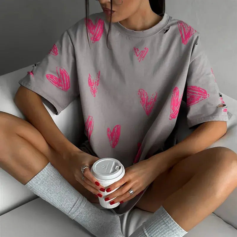 Casual Loose Heart T-shirt - Black & Elva