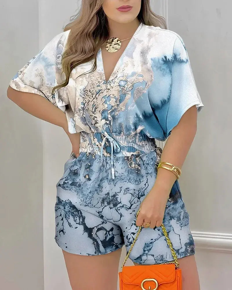 Casual V-Neck Printed Jumpsuit for Wome - Black & Elva
