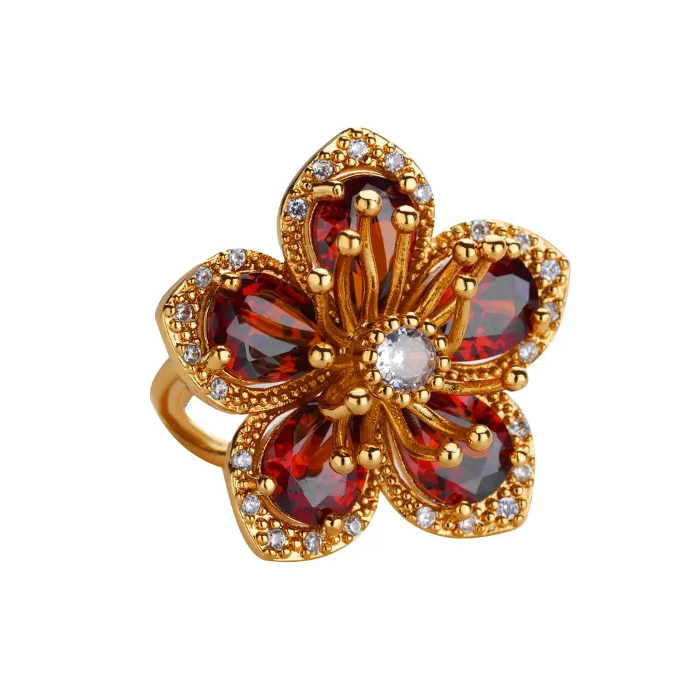 Elegant Gold Flower Ring with Green Zircon - Black & Elva