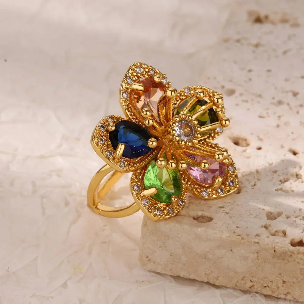 Elegant Gold Flower Ring with Green Zircon - Black & Elva