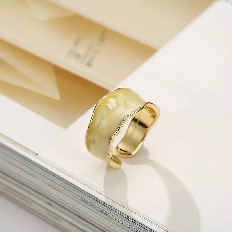 Gold Adjustable Enamel Ring - Black & Elva