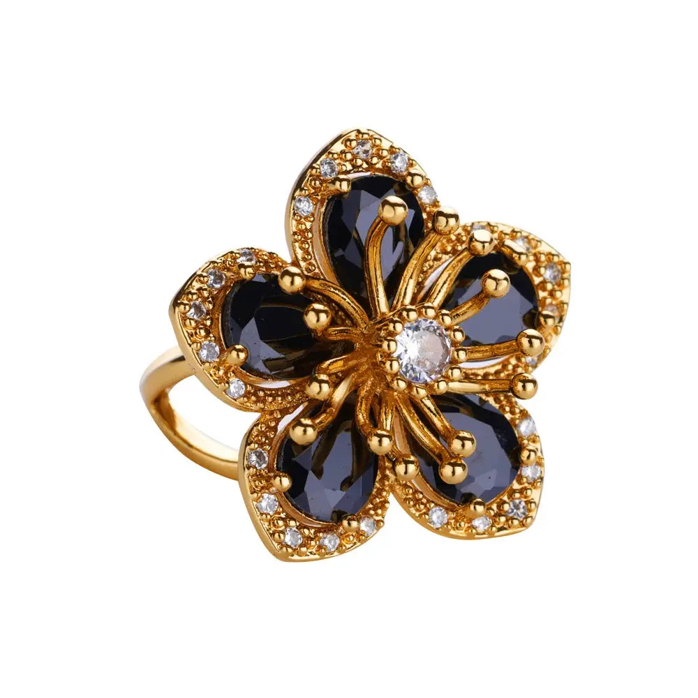 Elegant Gold Flower Ring with Green Zircon - Black & Elva
