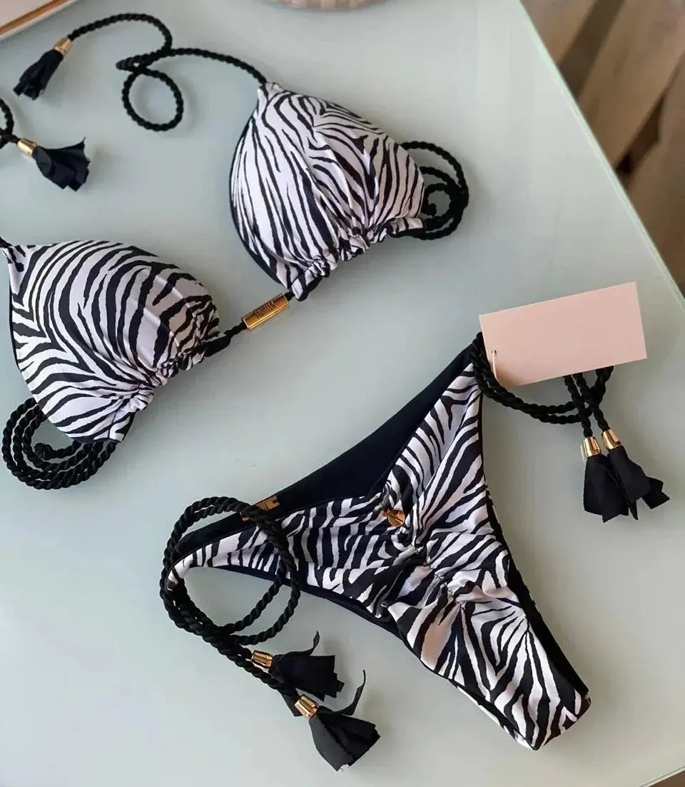 Triangle Thong Bikini Set - Black & Elva