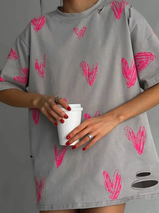 Casual Loose Heart T-shirt - Black & Elva