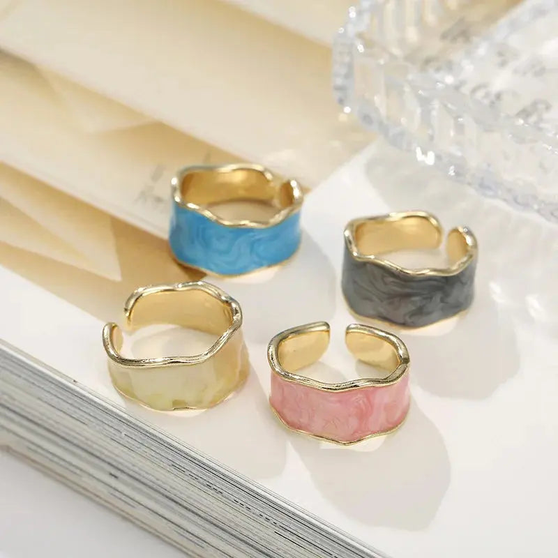 Gold Adjustable Enamel Ring - Black & Elva