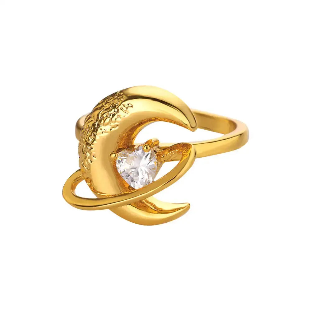 Elegant Gold Moon Ring with Zircon - Black & Elva