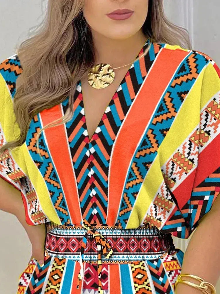 Casual V-Neck Printed Jumpsuit for Wome - Black & Elva