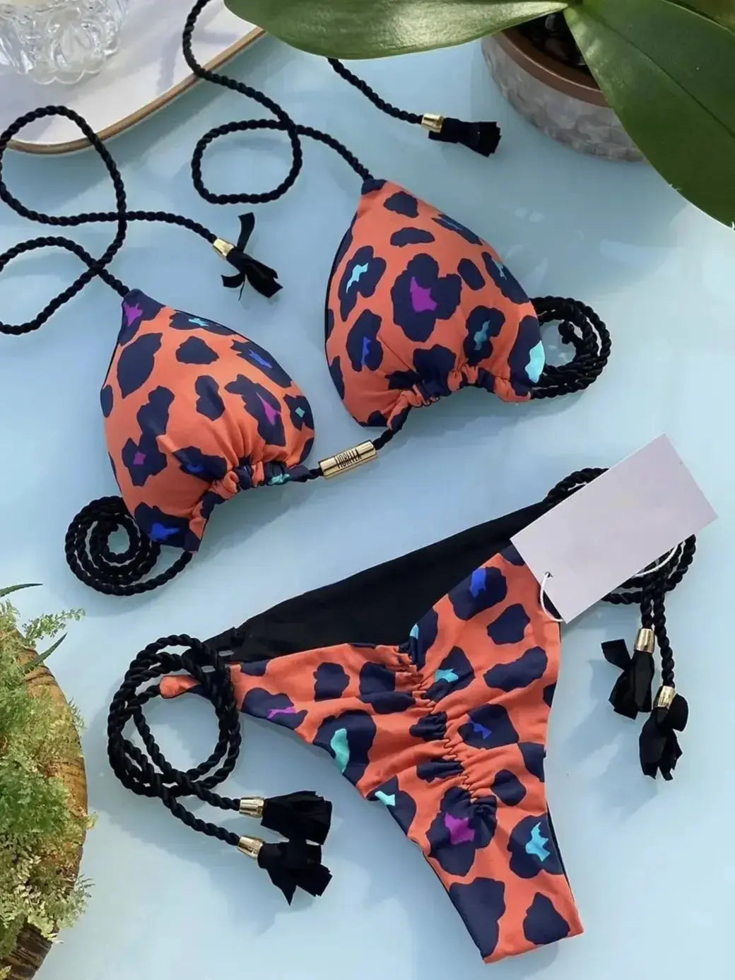 Triangle Thong Bikini Set - Black & Elva