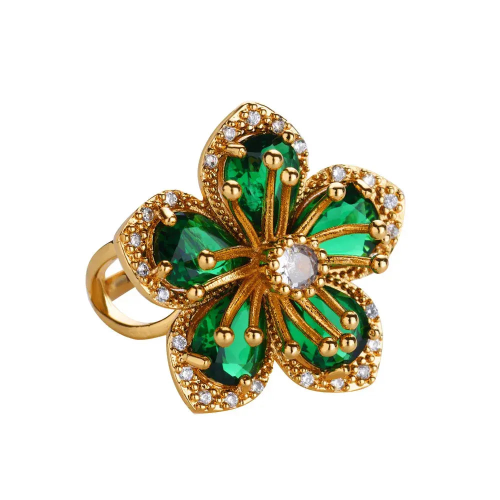 Elegant Gold Flower Ring with Green Zircon - Black & Elva