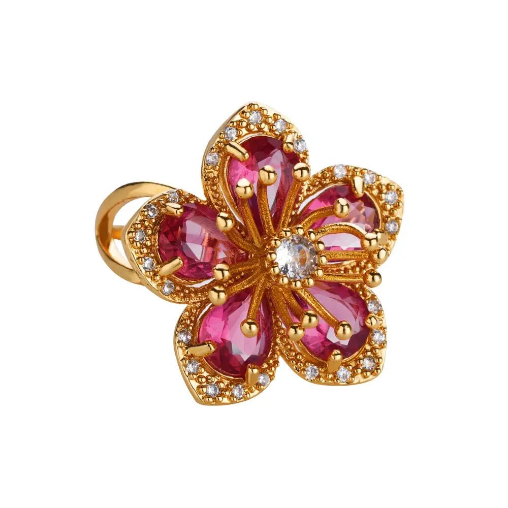 Elegant Gold Flower Ring with Green Zircon - Black & Elva